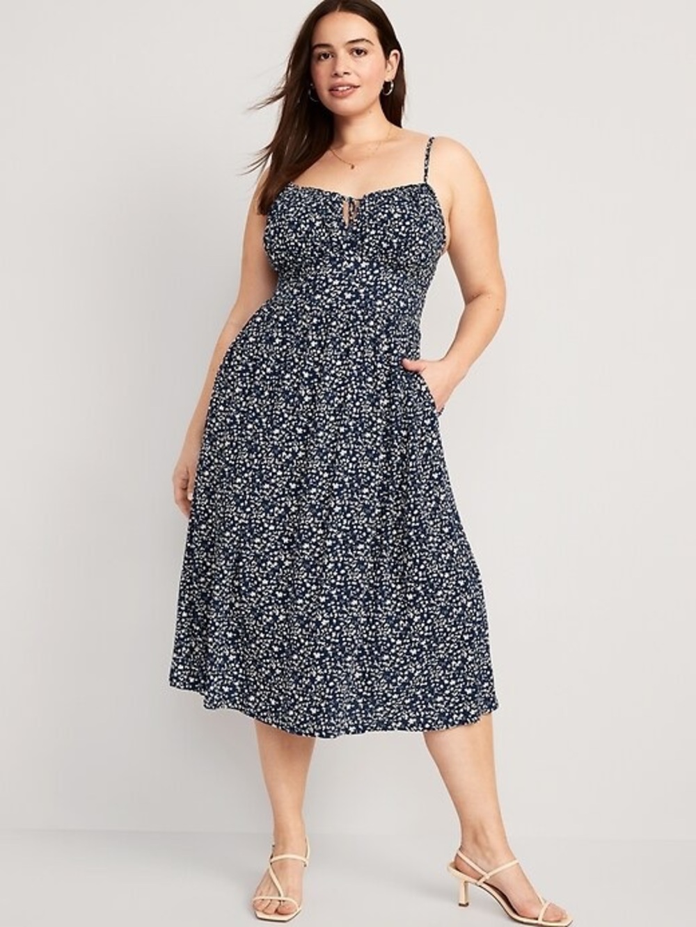 Old Navy Fit & Flare Floral Smocked Midi Cami Dress in Blue Ditsy Floral